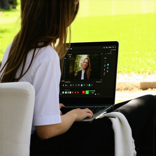 A creative professional editing video on a laptop outdoors without a power charger.