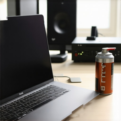 Person cleaning laptop vents with compressed air to prevent thermal throttling