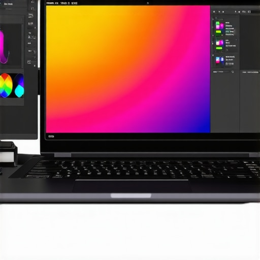 A laptop screen being calibrated for color accuracy in a professional workspace.