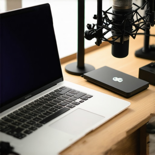 Content creator desk with laptop and external SSD for video editing
