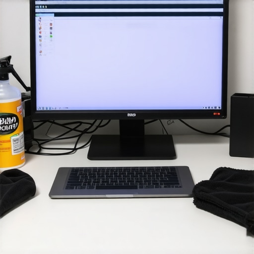 High-end laptop and cleaning tools on a clean desk