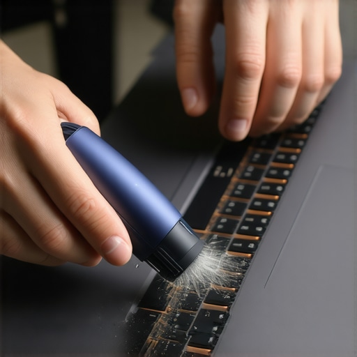 Professional Laptop Maintenance and Cleaning A creator cleaning dust from a high-end laptop cooling vent using an electric duster.