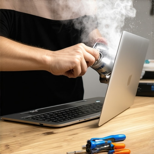 Technician cleaning a creator laptop with compressed air to prevent thermal throttling