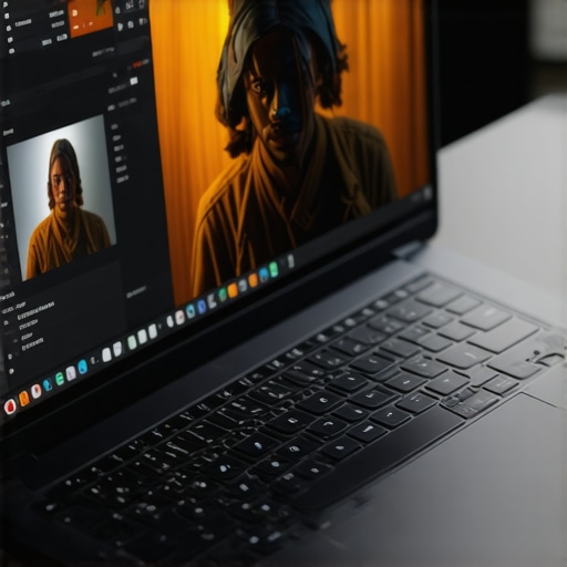 Close-up of a laptop screen running Blender 3D software showing a detailed render.