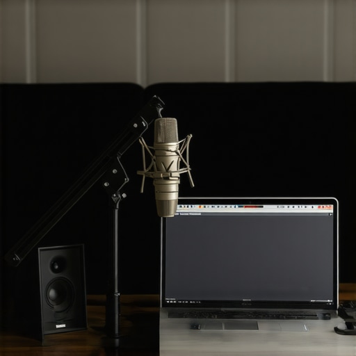A silent studio setup with a fanless laptop A sleek fanless laptop on a desk with professional podcasting equipment and acoustic treatment.