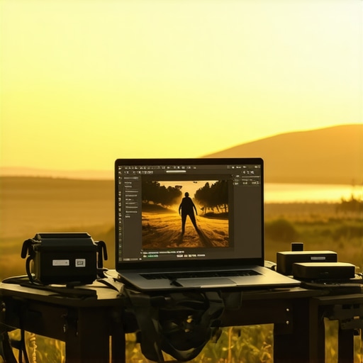 Actionable Field Editing Setup for RAW Footage Professional video editor's mobile workstation in a remote field location with external drives and power supply.