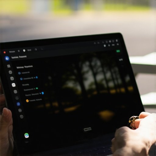 A close-up of a laptop screen outdoors with power management settings visible