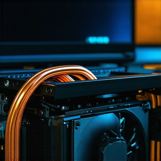 Advanced Laptop Thermal Management System Internal view of high-performance laptop cooling fans and heat pipes for data analysis workstations.