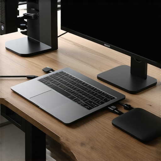 A laptop connected to multiple monitors using a USB-C docking station on a workspace