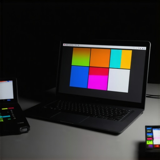 Calibrating a Creator Laptop for Professional Color Accuracy A colorimeter tool attached to a laptop screen for professional display calibration in a dark studio setting.