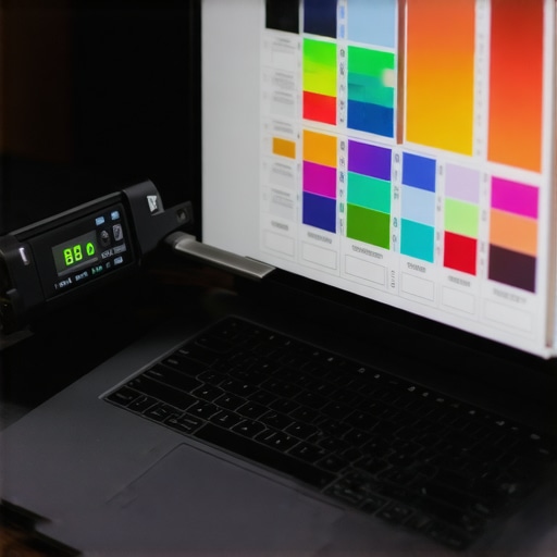Calibrating a creator laptop for print accuracy A designer using a colorimeter on a laptop to ensure screen-to-print color consistency.