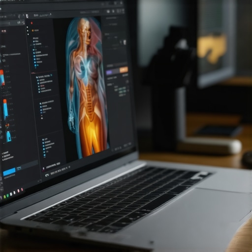 A professional creator laptop being used for medical 3D modeling and video editing.