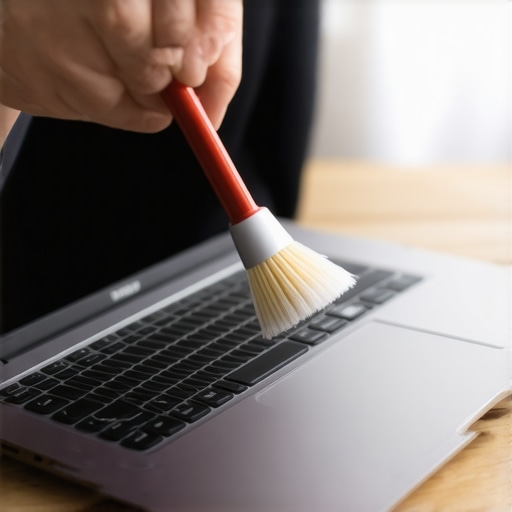 Close up of cleaning dust from laptop speaker grilles with a small brush