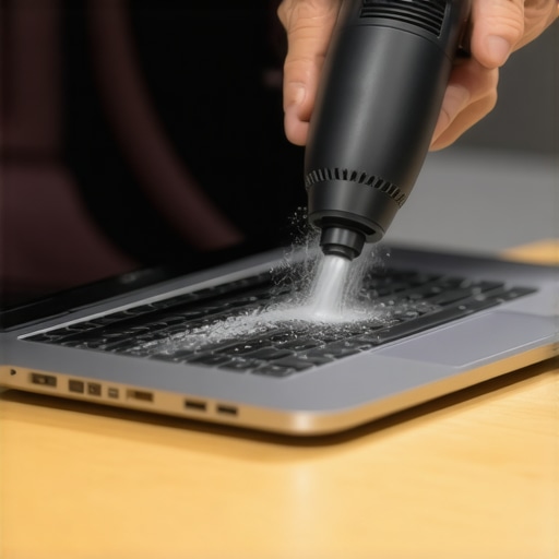 A person using an air duster to clean the cooling vents of a creator laptop.