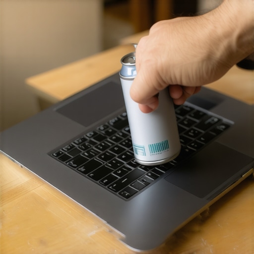 Cleaning Laptop Vents for Better Performance Close up of cleaning laptop vents with compressed air to prevent overheating