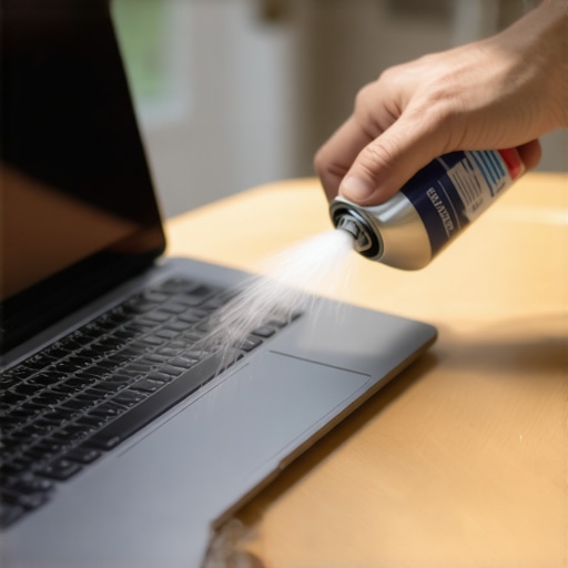 Cleaning Laptop Vents for Better Performance A person cleaning dust out of a creator laptop vents with compressed air to prevent thermal throttling.