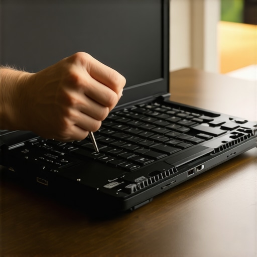 Cleaning a creator laptop for better performance Hands using a screwdriver to open a professional laptop for maintenance and cleaning fans