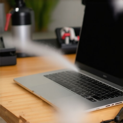 Cleaning cooling vents on a creator laptop A person using compressed air to clean the dust from the side cooling vents of a high-performance creator laptop on a desk