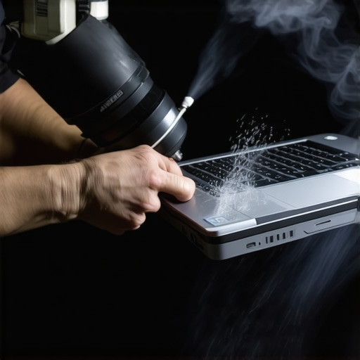 Cleaning laptop vents for better cooling A close up of a creator cleaning their laptop vents with compressed air to prevent thermal throttling