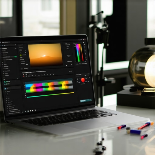 A professional color calibration tool attached to a creator laptop screen displaying a video editing interface.