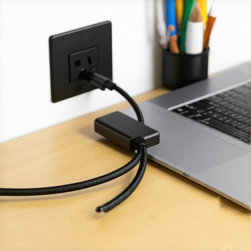 Compact GaN Charger for Creative Professionals A portable high-wattage GaN charger and E-marker cable powering a creator laptop on a desk.