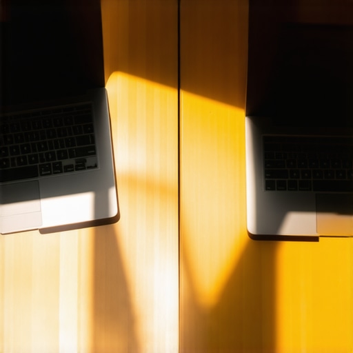 Comparing Sustained vs Peak Brightness in Real World Conditions Comparison of a dim laptop screen and a high-brightness pro laptop screen in a sunlit studio environment.