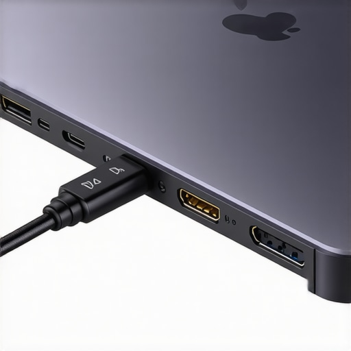 A close-up of a laptop Thunderbolt port and HDMI port for 4K video editing setup.