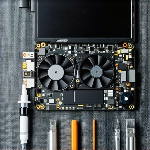 A disassembled creator laptop showing the internal cooling fans and heat pipes during maintenance.