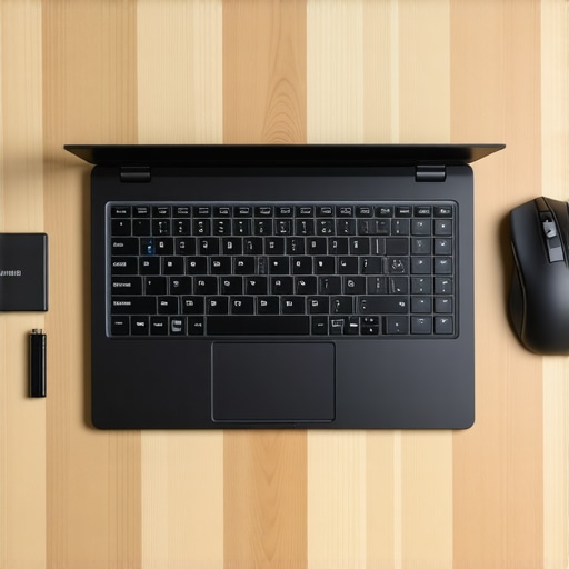 A high-end laptop being maintained with an external SSD and cleaning tools on a desk.