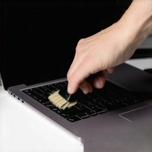 A hand cleaning the vents of a creator laptop to prevent thermal throttling.