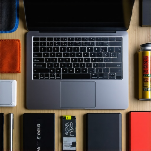Professional creator desk with laptop maintenance tools and external storage drives