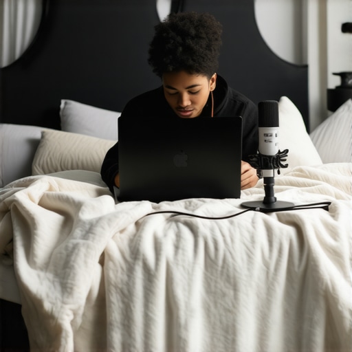 DIY Acoustic Booth with Blankets and Laptop Setting up a makeshift sound booth using blankets for laptop recording