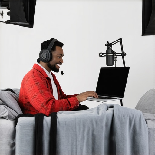 DIY Home Podcast Acoustic Treatment Setup A home office setup showing blankets used as sound absorbers for a podcast recording session.