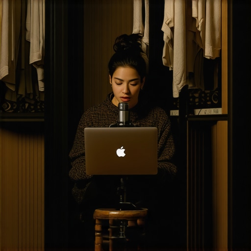A mobile podcaster using a hotel closet as a makeshift acoustic booth for recording.