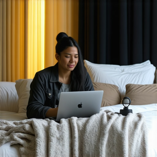 A laptop surrounded by pillows and blankets to improve microphone recording quality in a hotel room.