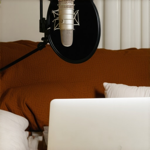 A creator using an internal laptop microphone with homemade sound dampening materials.