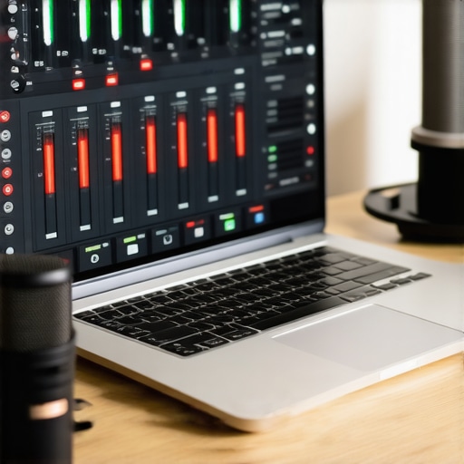 Close up of laptop screen showing audio spikes and latency warnings next to a studio microphone.