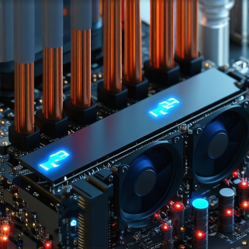 Detailed view of laptop thermal management system A close-up of a laptop internal cooling system showing heat pipes and fans.