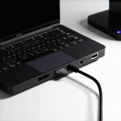 Close up of audio interface plugged into laptop port