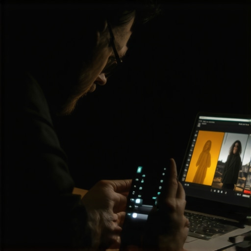 Display Calibration Comparison Professional editor comparing laptop display color with a mobile device