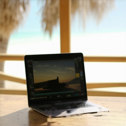 Rugged laptop for creators being used outdoors on a wooden table with a beach background