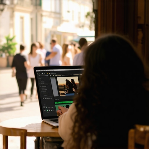 Editing 4K video in a sun-drenched Lisbon cafe A travel vlogger using a portable editing laptop in a sunny outdoor setting.