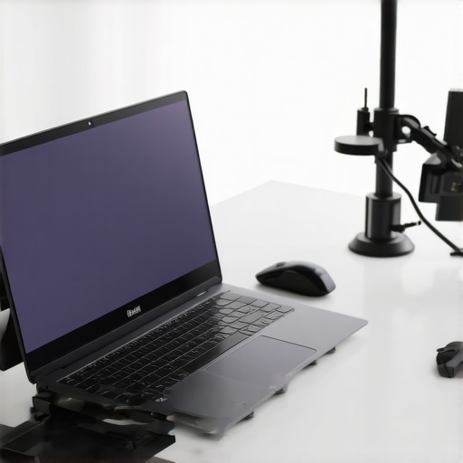 A laptop on an ergonomic stand with a vertical mouse and keyboard to prevent wrist pain.