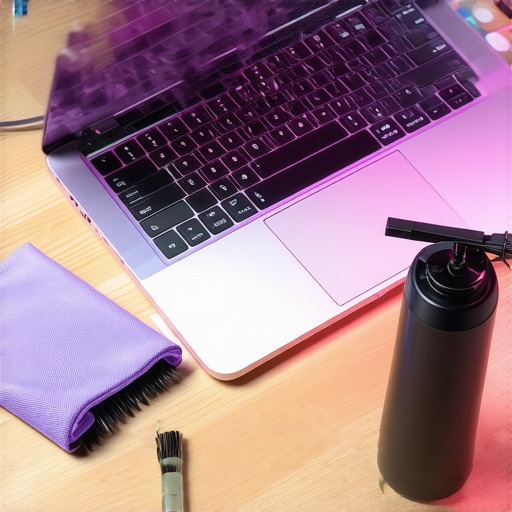 Essential Maintenance Tools for High-Performance Laptops Creator laptop on a cooling pad with cleaning supplies
