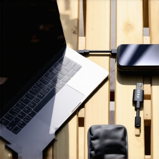 Essential Outdoor Maintenance Gear for Creators A laptop setup with maintenance tools and a powered USB-C hub on a patio table.
