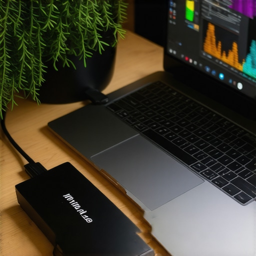 Essential Tools for Creator Laptop Maintenance High-end creator laptop with external SSD and colorimeter for professional maintenance.
