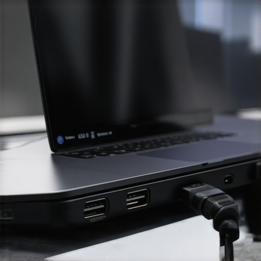 A detailed shot of a laptop's side ports showing professional connectivity for studio equipment.