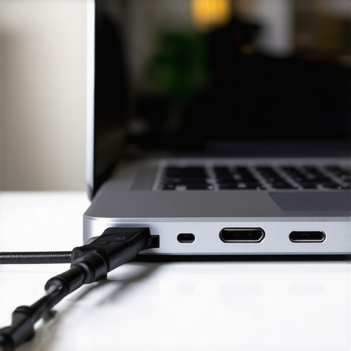Essential laptop port setup for marketing students Close up of laptop ports with professional cable connections for creative work