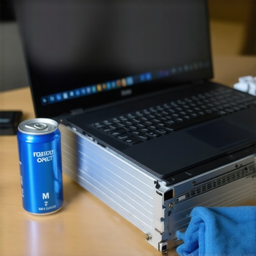 Essential tools for laptop maintenance and cooling A laptop on a cooling stand with cleaning supplies on a desk