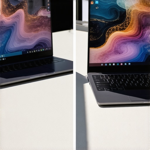 High Brightness Creator Laptop vs Standard Screen Comparison between a professional creator laptop with high nit brightness and a standard laptop in outdoor sunlight.